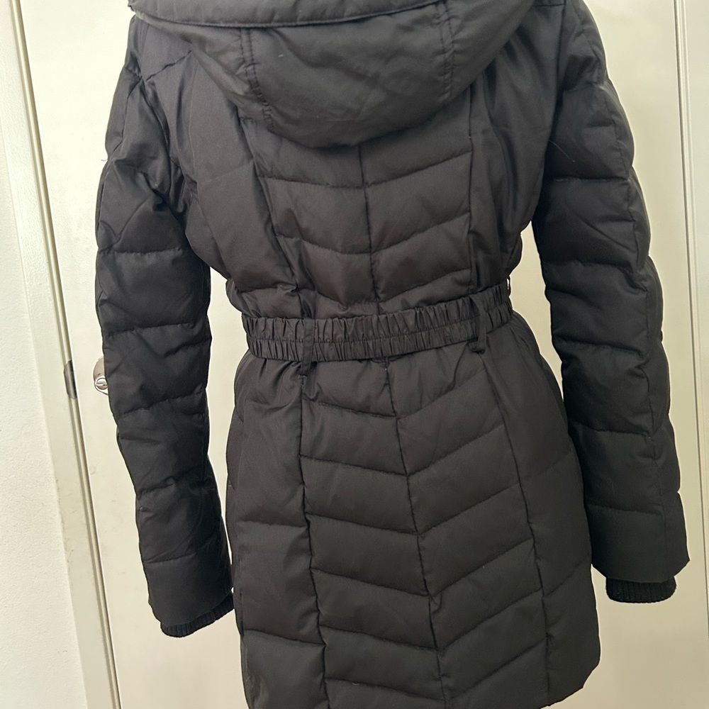 Vince Camuto Black Quilted Hooded Puffer Coat with Waist Cinch